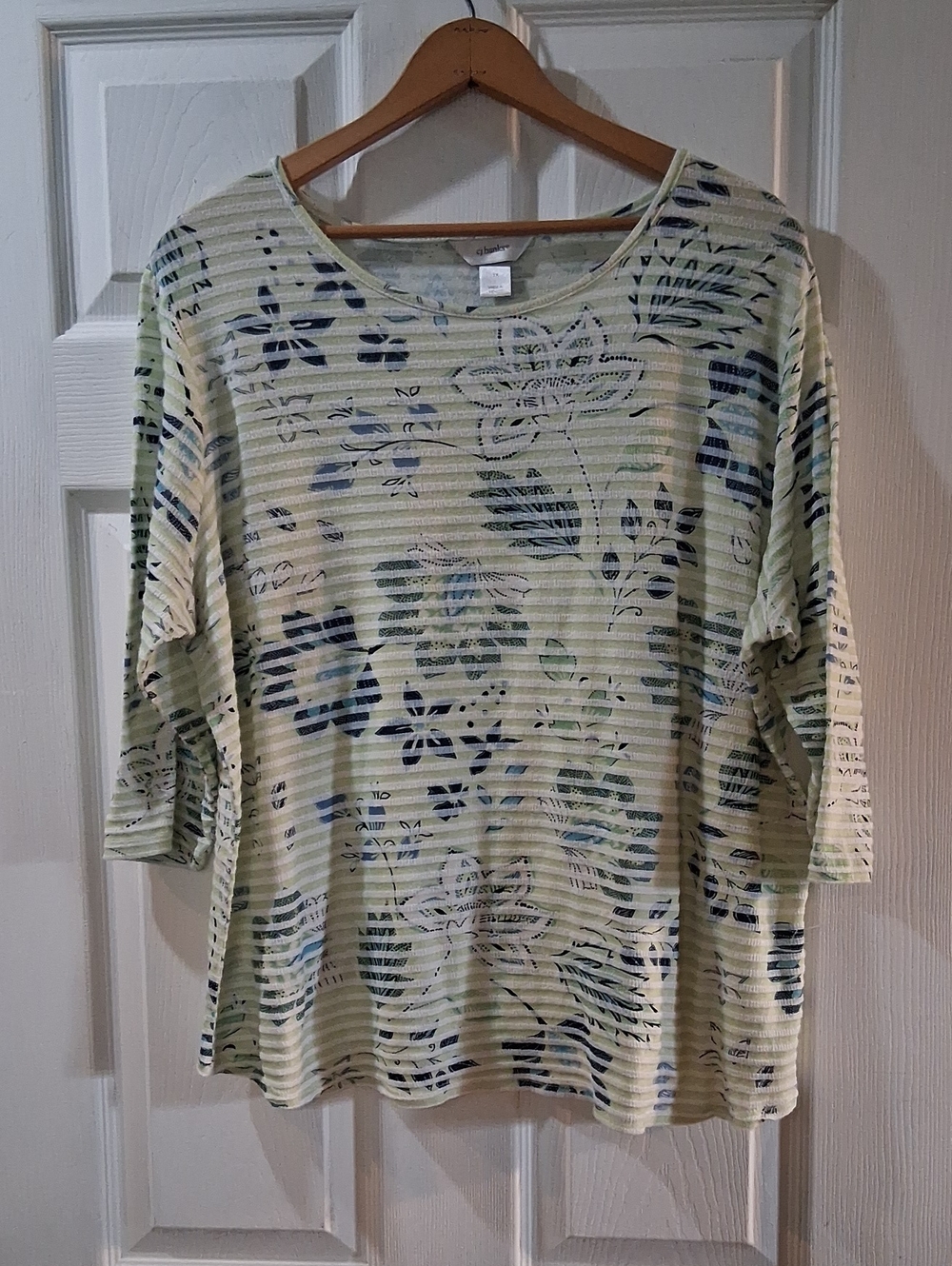 CJ Banks Light Green Floral Stripe 3/4 Sleeve Top